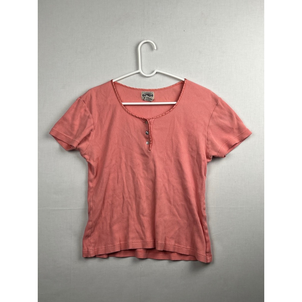 County Seat Jeanswear Ribbed Cotton Henley Top Pink Short Sleeve Size L